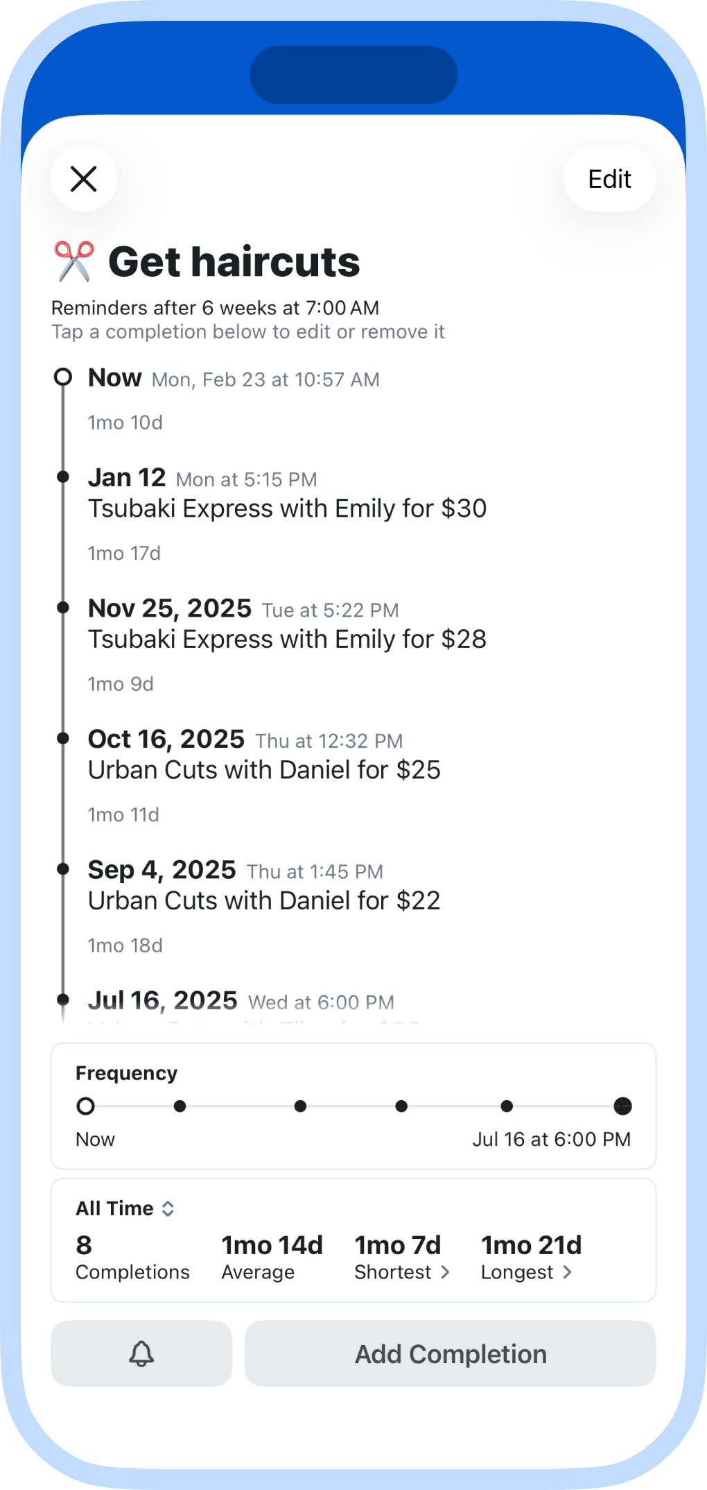 Screenshot of the app showing a task called 'Get haircuts' with a list of completions below